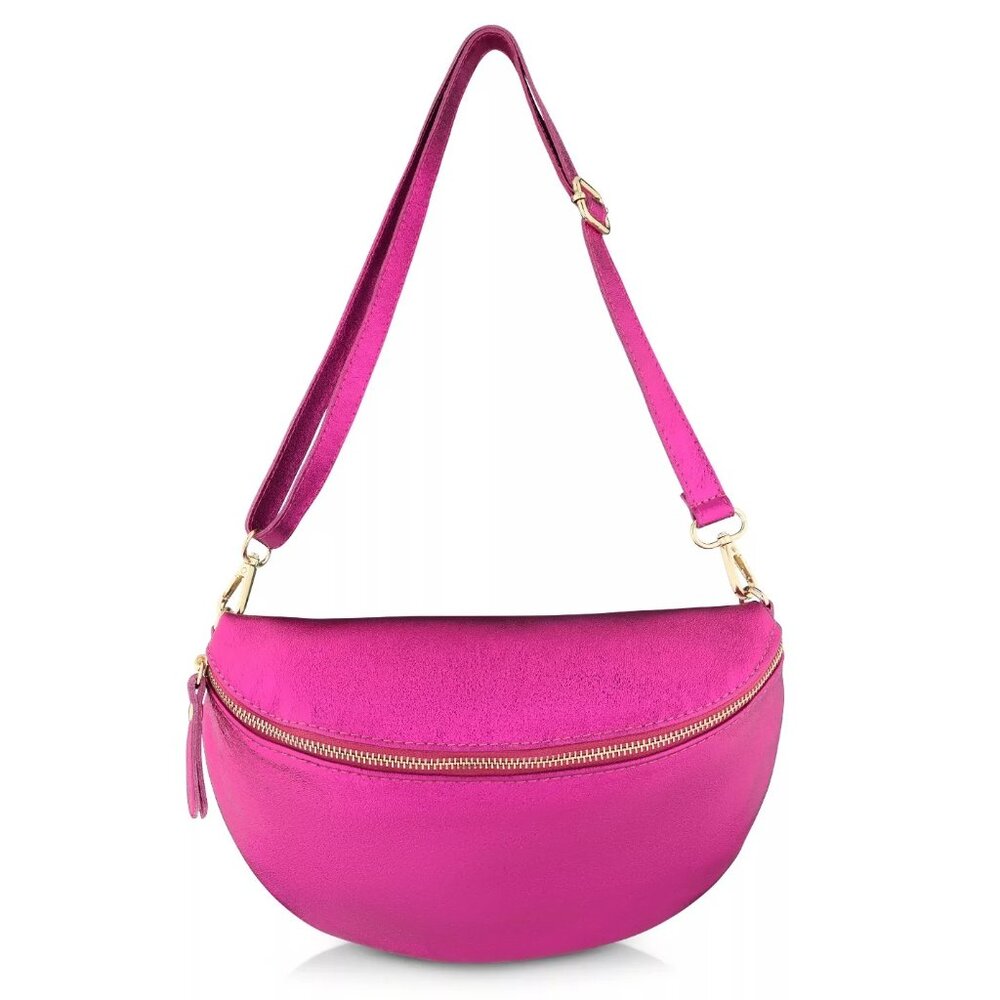 RASPBERRY METALLIC ITALIAN LEATHER HALF MOON CROSSBODY HANDBAG